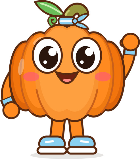 Gino, a cheerful pumpkin in blue sneakers, waving hello