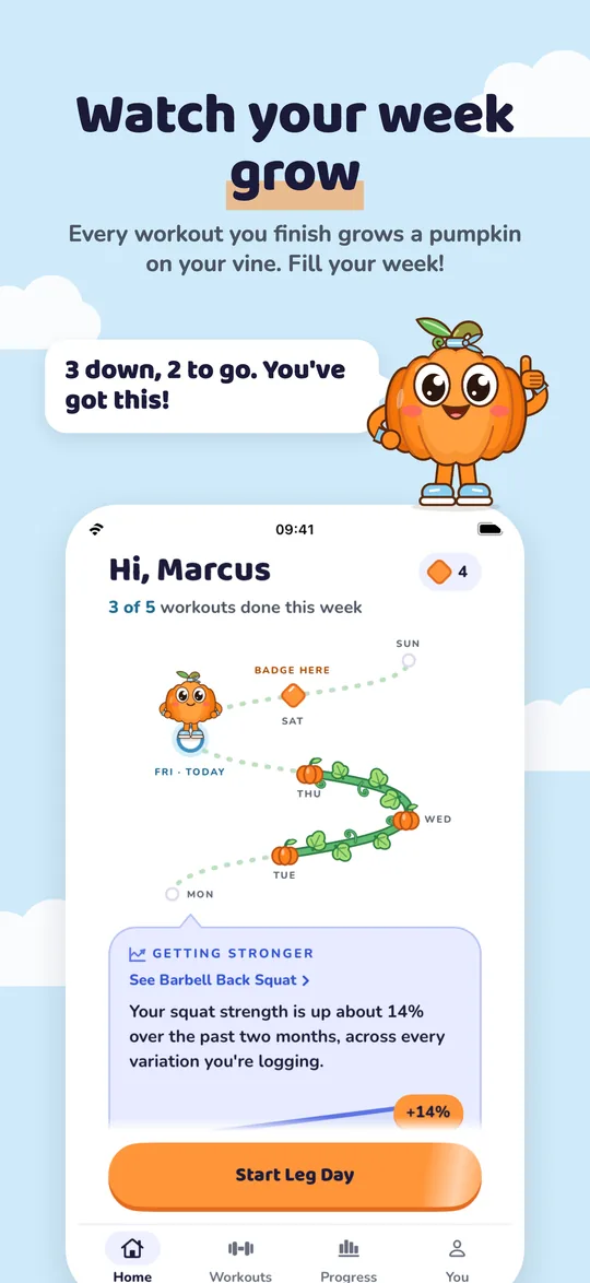 Watch your week grow: every workout you finish grows a pumpkin on your vine